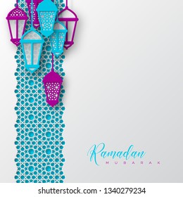 Ramadan Mubarak holiday background. 3d paper cut pattern with hanging lanterns in traditional islamic style. Design for greeting card, banner or poster. Vector illustration.