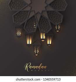 Ramadan Mubarak Holiday Design. 3d Paper Cut Flower Decorated Traditional Islamic Pattern With Shiny Hanging Lanterns, Golden Greeting Text, Black Background. Vector Illustration.