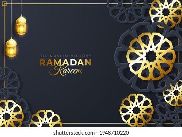 Ramadan Mubarak holiday design. 3d paper cut flower decorated traditional islamic pattern with shiny hanging lanterns, golden greeting text, black background. Vector illustration.