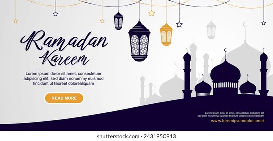 Ramadan mubarak banner horizontal, diseño de banner eid al-fitr con mezquita y linterna ilustración vectorial