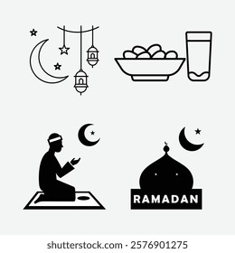 Ramadan Mubarak Icon Bundle. Silhouette of a Man Praying During Ramadan. Decorative Lanterns. Mosque Silhouette.