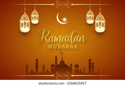 ramadan mubarak illustration banner with beautiful luxury shiny islamic ornament and abstract gradient brown and yellow background design