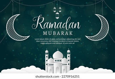 ramadan mubarak illustration banner with mosque shiny light islamic ornament and abstract gradient green and white background design