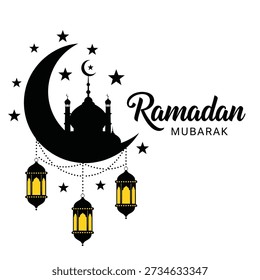 Ramadan Mubarak Illustration with Crescent Moon, Mosque Silhouette, Stars and Hanging Lanterns
