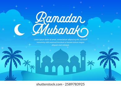 Ramadan Mubarak Illustration Featuring Mosque, Palm Trees, and Crescent Moon in Blue Gradient