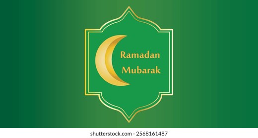 Ramadan Mubarak Illustration with golden 3D crescent moon inside Islamic frame on green background. Suitable for Ramadan celebration banners and promo. 