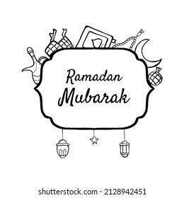 Ramadan Mubarak. Illustration vector graphic. Design concept crescent moon with lantern in HandDrawn Sketch style, Perfect for Islamic Holy Month, banner, Postcard social media, greeting card