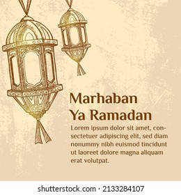 Ramadan Mubarak. Illustration vector graphic. Design concept lantern in HandDrawn Sketch style, Perfect for Islamic Holy Month, banner, Postcard social media, greeting card