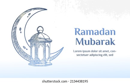 Ramadan Mubarak. Illustration Vector Graphic. Design Concept Crescent Moon With Lantern In HandDrawn Sketch Style, Perfect For Islamic Holy Month, Banner, Postcard Social Media, Greeting Card