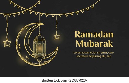 Ramadan Mubarak. Illustration vector graphic. Design concept Crescent moon and lantern in HandDrawn Sketch style, Perfect for Islamic Holy Month, banner, Postcard social media, greeting card