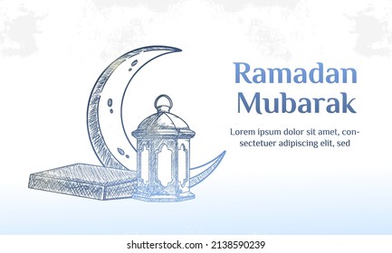 Ramadan Mubarak. Illustration vector graphic. Design concept Crescent moon and lantern in HandDrawn Sketch style, Perfect for Islamic Holy Month, banner, Postcard social media, greeting card