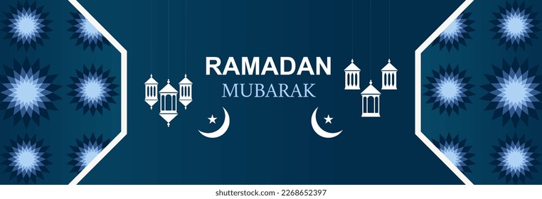 Ramadan Mubarak Islamic background with Mosque Crescent Moon and Lantern. Ramadan kareem festival celebration islamic banner. Religious Islamic Greeting. lamps decoration,Ornamental Lantern Burning.