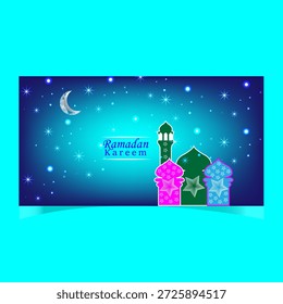 Ramadán Mubarak Vector de fondo islámico con elegante silueta de mezquita Linternas de luna creciente y patrones geométricos tradicionales para Diseños festivos y religiosos