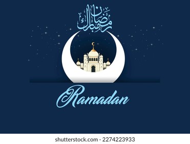 Ramadan Mubarak, arte vectorial de la luna creciente islámica y caligrafía árabe.