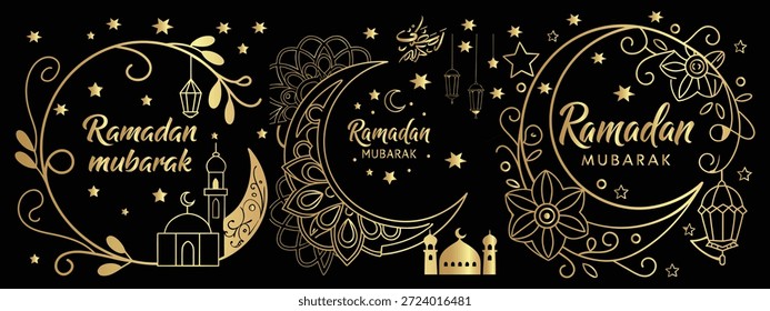 Ramadán Mubarak Diseño islámico Luna creciente. Bienaventurado Ramadán.  Ramadán Mubarak Diseño de Vector de diseño de conjunto grande. 