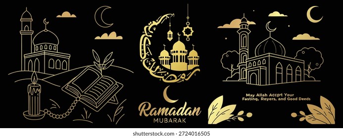 Ramadan Mubarak Islamic Design Crescent Moon. Translation Blessed Ramadan.  Ramadan Mubarak Big set design vector design. 