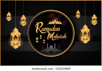 Ramadan mubarak islamic design with golden lantern, and circle. vector illustration for holy month ramadan celebration