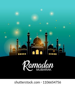 Ramadan Mubarak islamic design with mosque and glitter. vector illustration for holy month ramadan celebration.