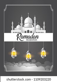 Ramadan Mubarak islamic design with mosque and three lantern background. vector illustration for holy month ramadan celebration.