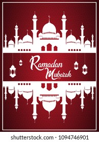 Ramadan Mubarak islamic design red color with white mosque silhouette and hanging lantern. vector illustration for use greeting card, poster, banner and flyer