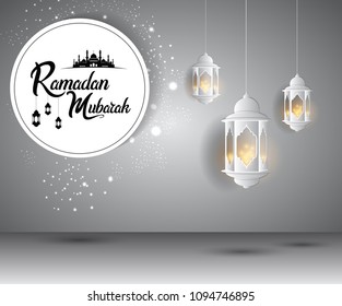 Ramadan Mubarak islamic design with white hanging lantern and glitter on white background. vector illustration for use greeting card, poster, banner and flyer