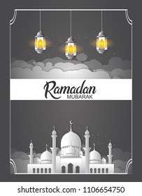 Ramadan Mubarak islamic design with white mosque, three lantern and cloud. vector illustration for holy month ramadan celebration.
