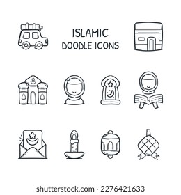 Ramadan mubarak islamic doodle icons element vector hand drawn illustration. Muslimah, read quran, holy kaaba, indonesian ketupat, mosque, eid al-fitr, mudik