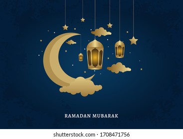 Ramadan Mubarak Islamic Element Background. Beautiful design crescent moon star, and lantern. Modern Vector Illustration