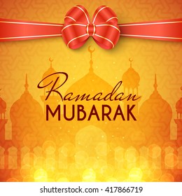 Ramadan Mubarak Islamic Greeting Background with mosque, red bow and lights. Vector festive design