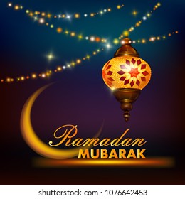 Ramadan Mubarak. Islamic Greeting Card Design. Arabic Design garland of small lamps. Ramadan Kareem. Decor night landscape - stock vector illustration