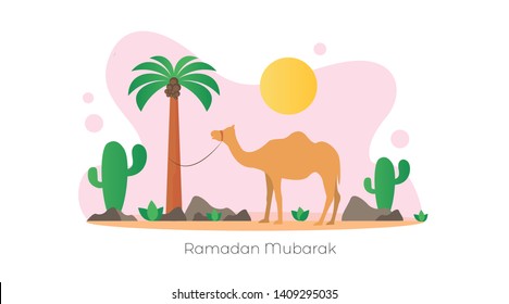 Ramadan Mubarak islamic greeting card for eid fitr or adha with camel character walk on desert concept use for wallpaper, website, presentation, banner, landing page, social media, flat design vector.