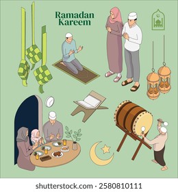 Ramadan Mubarak in isometric vector design. Ideal for creating festive Ramadan backgrounds, posters, marketing materials, etc. Vector format for easy customization.