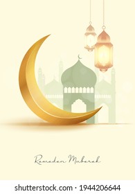 Ramadan Mubarak. Ramadan Kareem. Eid Mubarak creative vector greeting background with Mosque, golden moon, and Islamic lamp for banner, Flyer, social media, print, poster, web.