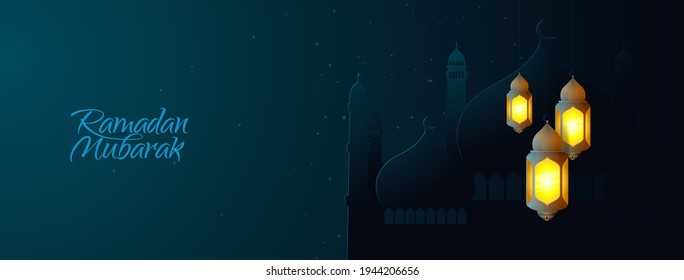 Ramadan Mubarak. Ramadan Kareem. Eid Mubarak creative vector facebook cover background with Mosque and Islamic lamp night scene for banner, Flyer, social media, print, poster, web.