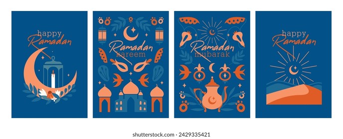 Ramadan Mubarak. Ramadan Kareem. Set of islamic cards, banners with greetings, vector modern illustrations of mosque, crescent, lantern, oil lamp, plants, moon. Flat clip arts in boho oriental style.