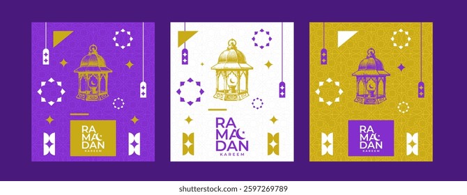 Ramadan Mubarak, Kareem set of posters, greeting card, banner, social media posts and holiday cover with hand drawn illustration of Islamic Lantern in geometric style with Ramadan Mubarak Calligraphy
