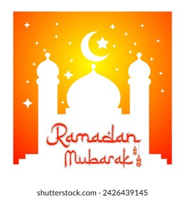 Ramadan Mubarak, Ramadan Kareem.
vector illustration of a white mosque silhouette,with an orange and yellow gradient background.