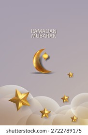 Ramadan Mubarak lantern, star, crescent moon, mosque and decorative element for Islamic greeting card, banner, poster, cover design.