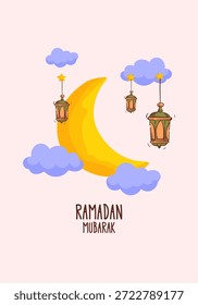 Ramadan Mubarak Laterne, Stern, Halbmond, Moschee und dekoratives Element für islamische Grußkarte, Banner, Poster, Cover-Design.