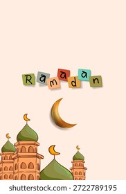 Ramadan Mubarak lantern, star, crescent moon, mosque and decorative element for Islamic greeting card, banner, poster, cover design.