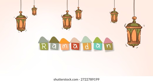 Ramadan Mubarak Laterne, Stern, Halbmond, Moschee und dekoratives Element für islamische Grußkarte, Banner, Poster, Cover-Design.