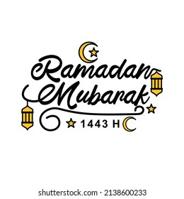 Ramadan Mubarak Lettering or Calligraphic Logo with Islamic Ornament. Moon, Star, Lantern Vector on White Background. Suitable for Poster, Greeting Card, Flyer, Banner and Invitation