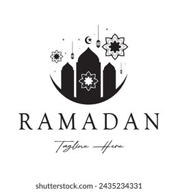 Ramadan Mubarak logo with lantern elements, crescent moon and star mosque building, Islamic calligraphy pattern, for business, architecture, Muslims, Eid, Eid cards, Islamic education