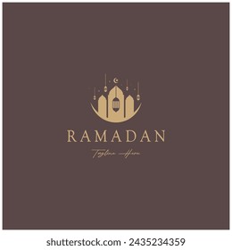 Ramadan Mubarak logo with lantern elements, crescent moon and star mosque building, Islamic calligraphy pattern, for business, architecture, Muslims, Eid, Eid cards, Islamic education