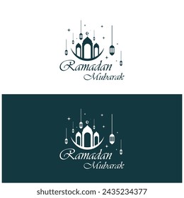 Ramadan Mubarak logo with lantern elements, crescent moon and star mosque building, Islamic calligraphy pattern, for business, architecture, Muslims, Eid, Eid cards, Islamic education
