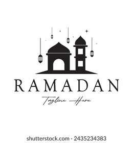 Ramadan Mubarak logo with lantern elements, crescent moon and star mosque building, Islamic calligraphy pattern, for business, architecture, Muslims, Eid, Eid cards, Islamic education