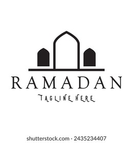 Ramadan Mubarak logo with lantern elements, crescent moon and star mosque building, Islamic calligraphy pattern, for business, architecture, Muslims, Eid, Eid cards, Islamic education