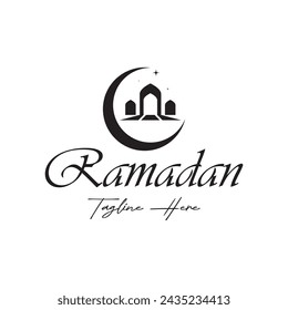 Ramadan Mubarak logo with lantern elements, crescent moon and star mosque building, Islamic calligraphy pattern, for business, architecture, Muslims, Eid, Eid cards, Islamic education