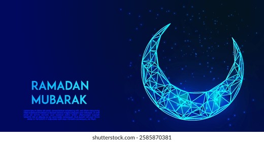 Ramadan Mubarak Low Poly Background – Futuristic Islamic Eid Design with Glowing Crescent Moon, Wireframe Hand, Blue Night Sky, and Sparkling Stars