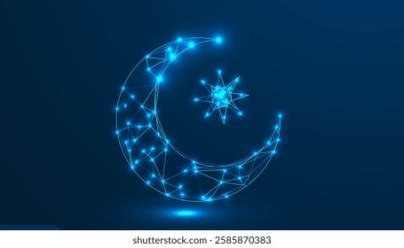 Ramadan Mubarak Low Poly Background – Futuristic Islamic Eid Design with Glowing Crescent Moon, Wireframe Hand, Blue Night Sky, and Sparkling Stars
